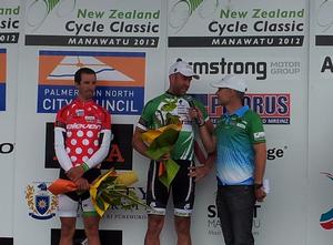 SUBWAY&#174; Pro Cycling's Nick Lovegrove is interviewed after winning the sprinters jersey at the New Zealand Cycle Classic in Manawatu today. 